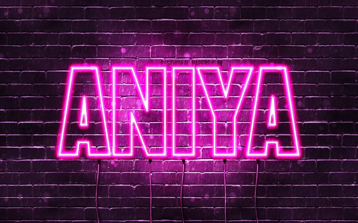 Aniya, 4k, خلفيات أسماء, أسماء الإناث, Aniya اسم, الأرجواني أضواء النيون, نص أفقي, صورة مع Aniya اسم