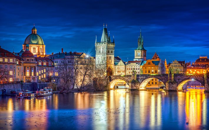 Ponte carlo, Vltava, fiume, citt&#224;, paesaggi notturni, Praga, Repubblica ceca, Europa, Praga di notte