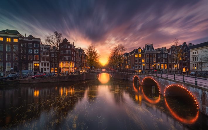 アムステルダム, 夜, 夕日, 川, 町並み, 運河, 美しい都市, オランダ