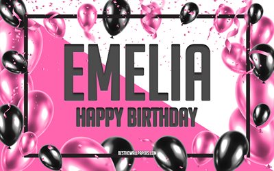 Feliz Cumplea&#241;os Emelia, Globos de Cumplea&#241;os de Fondo, Emelia, fondos de pantalla con los nombres, Emelia Feliz Cumplea&#241;os, Globos rosas Cumplea&#241;os de Fondo, tarjeta de felicitaci&#243;n, Emelia Cumplea&#241;os