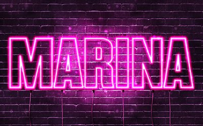 Marina, 4k, adları Marina adıyla, Bayan isimleri, Marina adı, mor neon ışıkları, yatay metin, resim ile duvar kağıtları