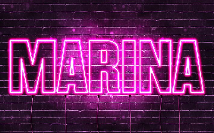 Marina, 4k, taustakuvia nimet, naisten nimi&#228;, Marina nimi, violetti neon valot, vaakasuuntainen teksti, kuvan nimi Marina