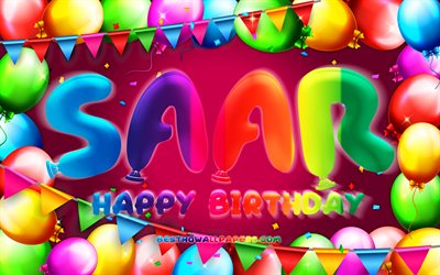 Happy Birthday Saar, 4k, colorful balloon frame, Saar name, purple background, Saar Happy Birthday, Saar Birthday, popular dutch female names, Birthday concept, Saar