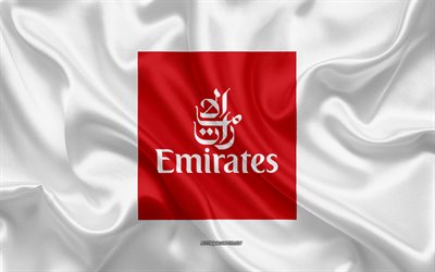 Emirates logo, airline, white silk texture, airline logos, Emirates emblem, silk background, silk flag, Emirates