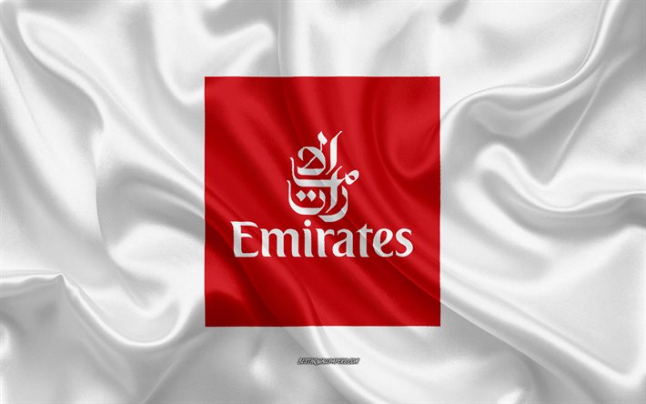 Emirates logotyp, flygbolag, vitt siden konsistens, flygbolag logotyper, Emirates emblem, silke bakgrund, silk flag, Emirates