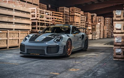 Porsche 911 GT2 RS, Edo Competition, 2020, front view, car, sports coupe, new gray 911, tuning 911 GT2 RS, bronze wheels, German sports cars, Porsche