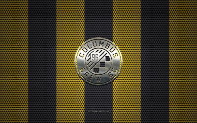 Columbus Crew logo, American soccer club, metal emblem, yellow-black metal mesh background, Columbus Crew, NHL, Columbus, Ohio, USA, soccer