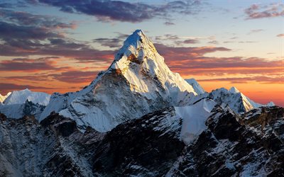 Everest Dağı, Zhumulangma, en y&#252;ksek Dağı, Himalayalar, dağ manzarası, akşam, kayalar, dağlar, Nepal, Everest