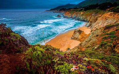 4k, Julia Pfeiffer Burns Devlet Parkı Big Sur, HDR, okyanus, sahil, ABD, California, Amerika, g&#252;zel bir doğa