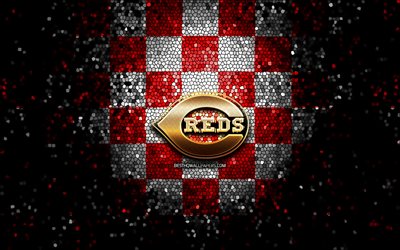 Cincinnati Reds, glitter logo, MLB, red white checkered background, USA, american baseball team, Cincinnati Reds logo, mosaic art, baseball, America