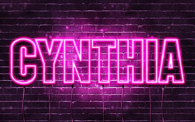 cynthia, 4k, tapeten, die mit namen, weibliche namen, cynthia name, lila, neon-leuchten, die horizontale text -, bild-mit cynthia namen