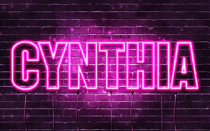 Cynthia, 4k, wallpapers with names, female names, Cynthia name, purple neon lights, horizontal text, picture with Cynthia name