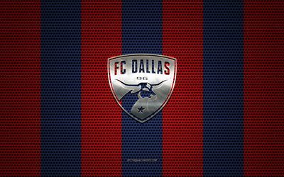 FC Dallas logo, American soccer club, metal emblem, blue red metal mesh background, FC Dallas, NHL, Dallas, Texas, USA, soccer