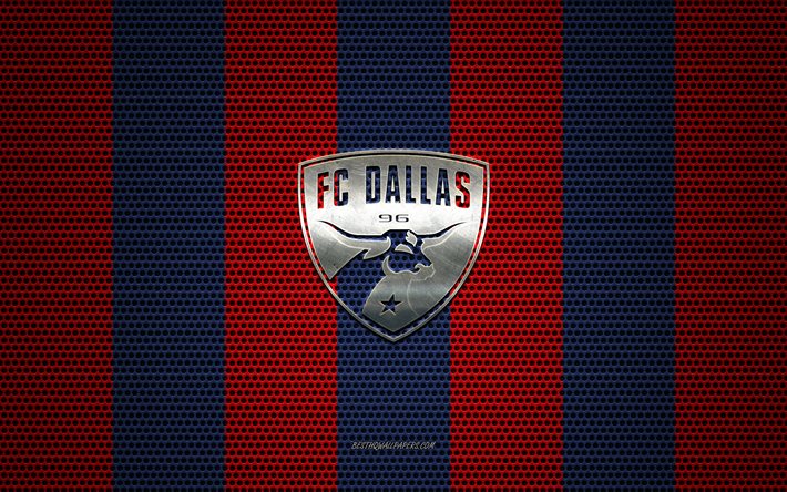 O FC Dallas logotipo, Americano futebol clube, emblema de metal, azul, vermelha met&#225;lica de malha de fundo, O FC Dallas, NHL, Dallas, Texas, EUA, futebol