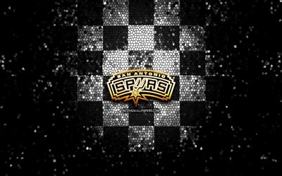 San Antonio Spurs, glitter logo, NBA, black white checkered background, USA, american basketball team, San Antonio Spurs logo, mosaic art, basketball, America