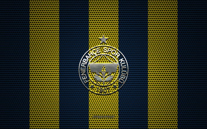Fenerbahce logo, Turkish football club, metal emblem, yellow-blue metal mesh background, Super Lig, Fenerbahce, Turkish Super League, Istanbul, Turkey, football