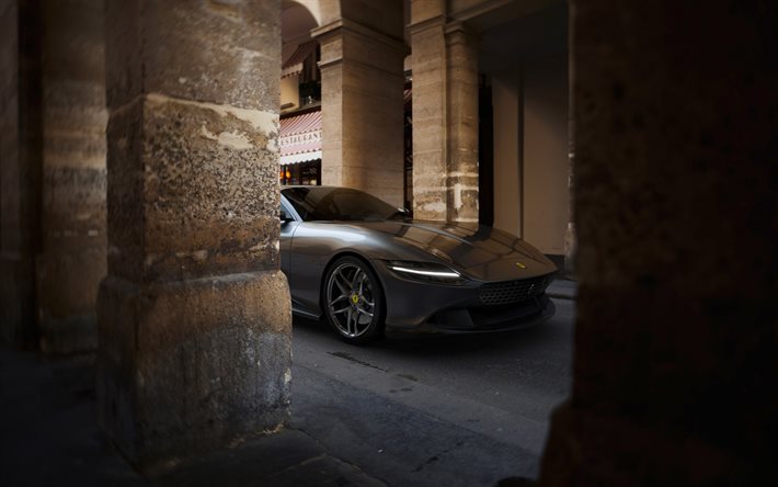 Download wallpapers Ferrari Roma, 2020, front view, gray sports coupe, new  gray Roma, italian supercars, Ferrari for desktop free. Pictures for  desktop free