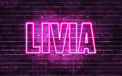 Livia, 4k, wallpapers with names, female names, Livia name, purple neon lights, horizontal text, picture with Livia name