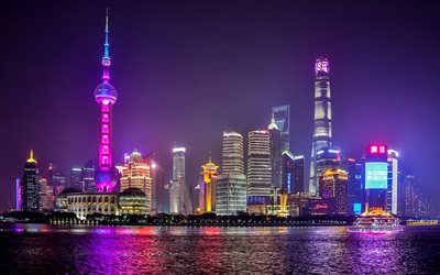 Geceleri Bund, 4k, Shanghai, skyline, Oryantal İnci Kulesi, modern binalar, şehirler, g&#246;kdelenler, &#199;in, Asya