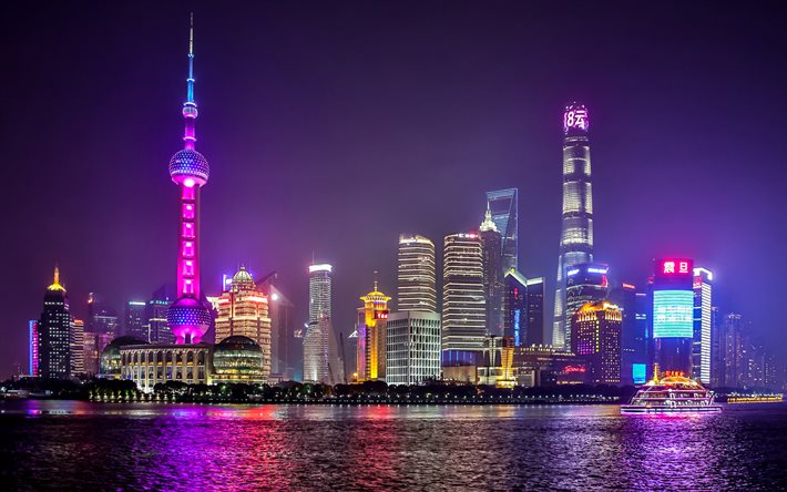 Bund, 4k, Shanghai, skyline, Oriental Pearl Tower, moderneja rakennuksia, kiinan kaupungeissa, pilvenpiirt&#228;ji&#228;, Kiina, Aasiassa, Shanghai y&#246;ll&#228;
