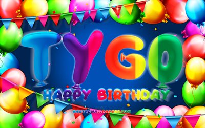 Doğum g&#252;n&#252;n kutlu olsun Tygo, 4k, renkli balon &#231;er&#231;eve, Tygo adı, mavi arka plan, Tygo Doğum g&#252;n&#252;n kutlu olsun, Tygo Doğum g&#252;n&#252;, pop&#252;ler Hollandalı Erkek İsimleri, Doğum g&#252;n&#252; kavramı, Tygo