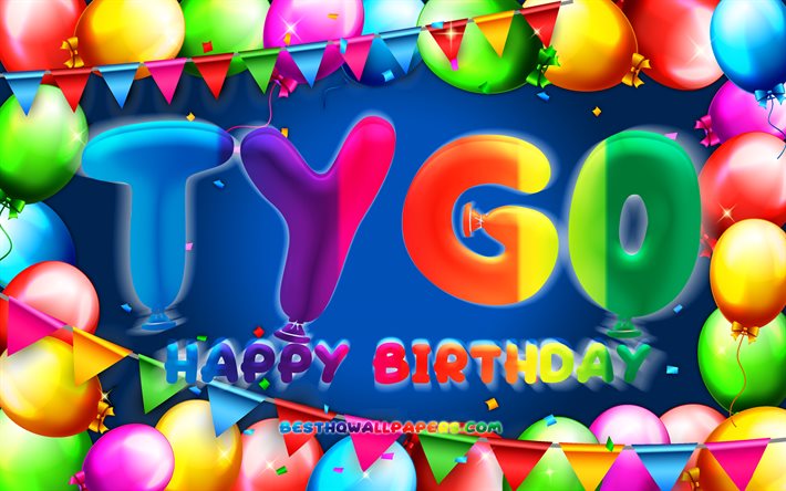 お誕生日おめでTygo, 4k, カラフルバルーンフレーム, Tygo名, 青色の背景, Tygoお誕生日おめで, Tygo誕生日, 人気のオランダの男性の名前, 誕生日プ, Tygo
