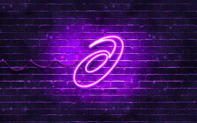 asics violett-logo, 4k, violett brickwall -, asics-logo, sport-marken, asics neon-logo, asics