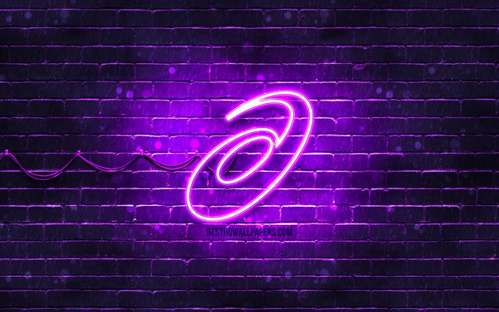 ASICS violet logo, 4k, violet brickwall, ASICS logo, sports brands, ASICS neon logo, ASICS