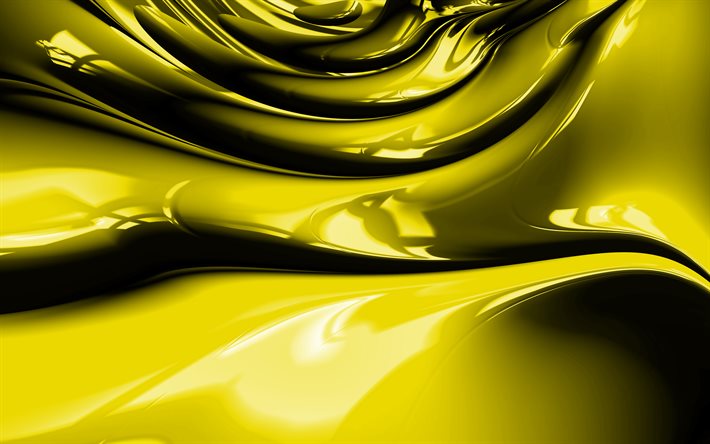4k, keltainen abstrakti aallot, 3D art, abstrakti taide, keltainen aaltoileva tausta, abstrakti aallot, pinta taustat, keltainen 3D-aallot, luova, keltainen taustat, aallot kuvioita