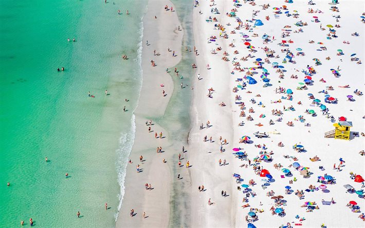 Siesta Key, Fl&#243;rida, oceano, praia, ver&#227;o, costa, as pessoas na praia, vista a&#233;rea, Golfo do M&#233;xico, Sarasota, EUA