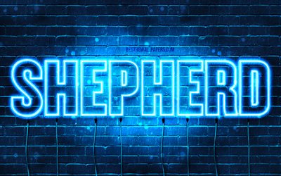 shepherd, 4k, tapeten, die mit namen, horizontaler text, shepherd name, blue neon lights, bild mit hirte name