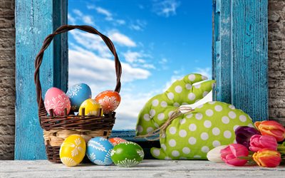 Pencere &#252;zerinde Paskalya tavşanı, 4k, Paskalya kavramlar, Paskalya yumurtaları sepeti, yaratıcı, Mutlu Paskalya, sepet, Paskalya yumurtaları, Paskalya