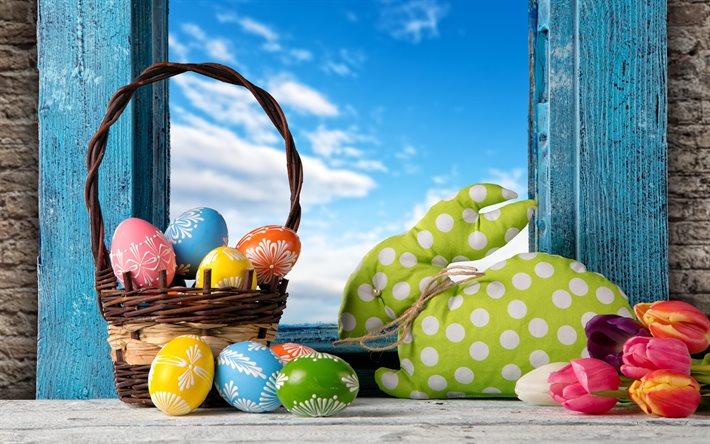 Pasqua, coniglio, 4k, concetti di Pasqua, uova di Pasqua, cesto, creativo, Felice, cesto sulla finestra, uova di pasqua