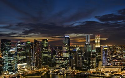 Singapore, y&#246;, pilvenpiirt&#228;ji&#228;, illalla, sunset, moderni kaupunki, Singaporen taivaanrantaan, kaupunkikuva