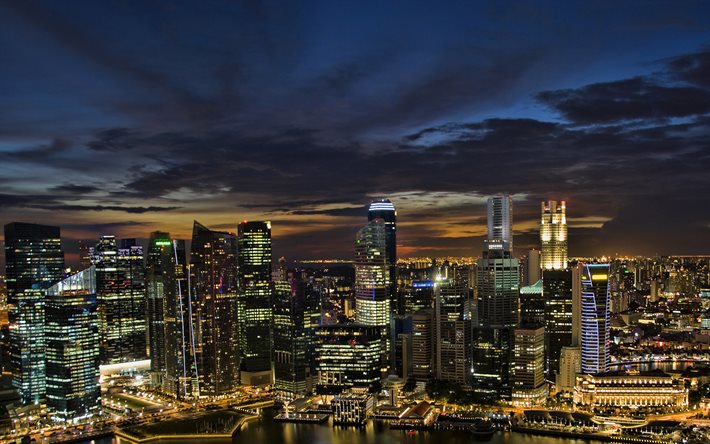 Singapura, noite, arranha-c&#233;us, p&#244;r do sol, cidade moderna, Cingapura, paisagem urbana