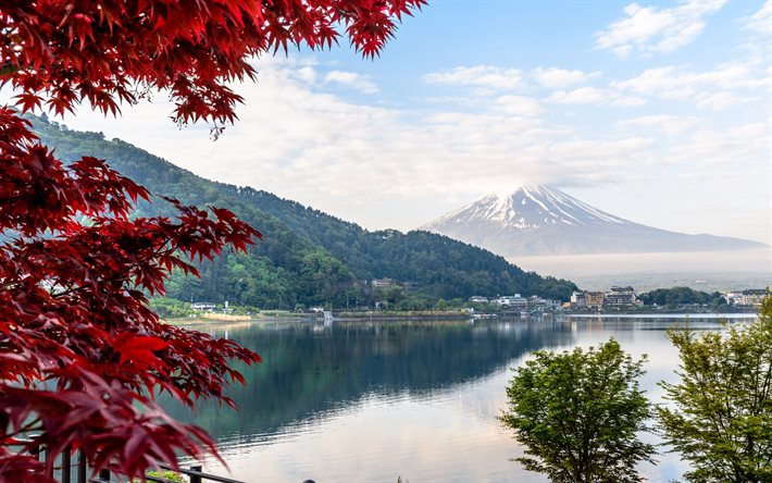 Il monte Fuji, in Giappone, vulcano Fujiyama, montagna, paesaggio, primavera, foresta, Honshu, Asia