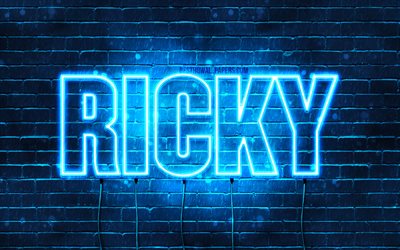 Ricky, 4k, wallpapers with names, horizontal text, Ricky name, blue neon lights, picture with Ricky name