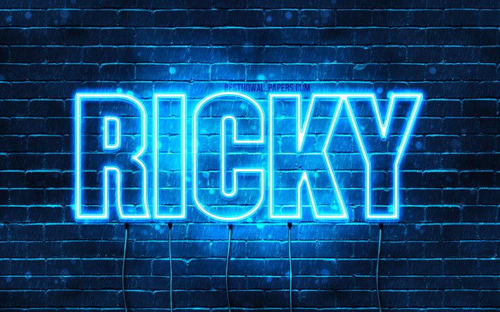 Ricky, 4k, tapeter med namn, &#246;vergripande text, Ricky namn, bl&#229;tt neonljus, bild med Ricky namn