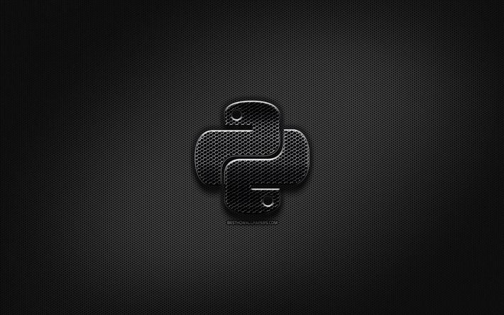 Python musta logo, ohjelmointikieli, grid metalli tausta, Python, kuvitus, luova, ohjelmointi kielen merkkej&#228;, Python logo
