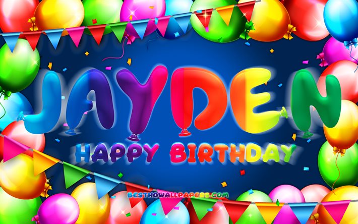 Feliz Cumplea&#241;os Jayden, 4k, colorido globo marco, Jayden nombre, fondo azul, Jayden Feliz Cumplea&#241;os, Jayden Cumplea&#241;os, popular holandesa los nombres masculinos, Cumplea&#241;os concepto, Jayden