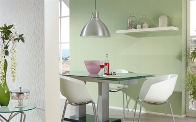 أنيقة الأخضر المطبخ, التصميم الداخلي الحديث, طاولة زجاجية في المطبخ, أنيقة التصميم الداخلي
