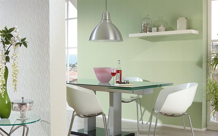 elegante cozinha verde, um design interior moderno, mesa de vidro na cozinha, elegante design de interiores