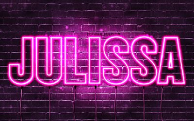 Julissa, 4k, wallpapers with names, female names, Julissa name, purple neon lights, horizontal text, picture with Julissa name