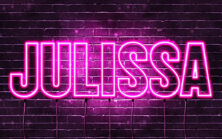 Julissa, 4k, wallpapers with names, female names, Julissa name, purple neon lights, horizontal text, picture with Julissa name