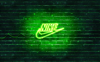 Nike green logo, 4k, green brickwall, Nike logo, sports brands, Nike neon logo, Nike