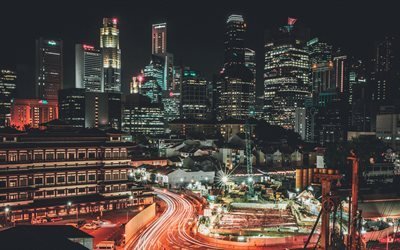 Singapur, 4k, metropolis, paisaje nocturno, rascacielos, Asia