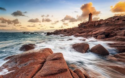 Coast, sea, sunset, lighthouse, stones, waves