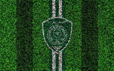 FC Akhmat Grozny, 4k, le logo, la texture d&#39;herbe, russe, club de football, football gazon, vert, blanc lignes, la premi&#232;re Ligue russe, Grozny, Russie, football