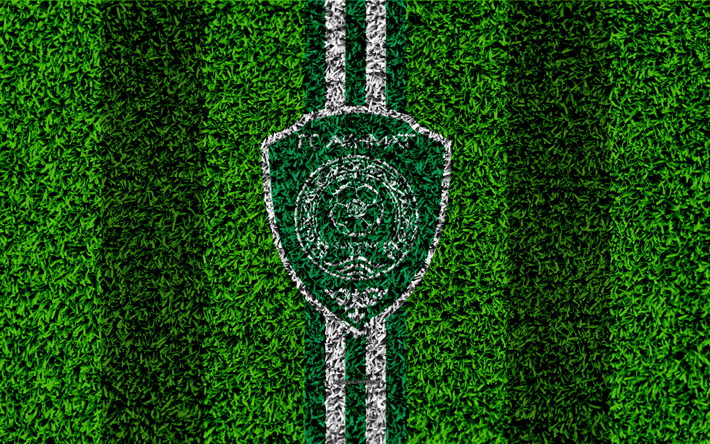FC Akhmat Grozny, 4k, logo, grass texture, Russian football club, football lawn, green white lines, Russian Premier League, Grozny, Russia, football