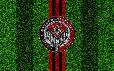 FC Amkar, 4k, le logo, la texture d&#39;herbe, russe club de football rouge noir lignes de, football de la pelouse, de la premi&#232;re Ligue russe, Perm, en Russie, le football